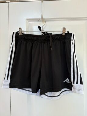 Adidas Youth Kids Black Athletic Shorts with White Stripes and Drawstring